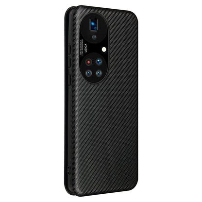 For Huawei P50 Pro Auto-absorbed Leather Cover Carbon Fiber Texture, with Detachable Ring Kickstand Strap