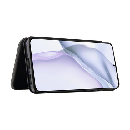 For Huawei P50 Pro Auto-absorbed Leather Cover Carbon Fiber Texture, with Detachable Ring Kickstand Strap