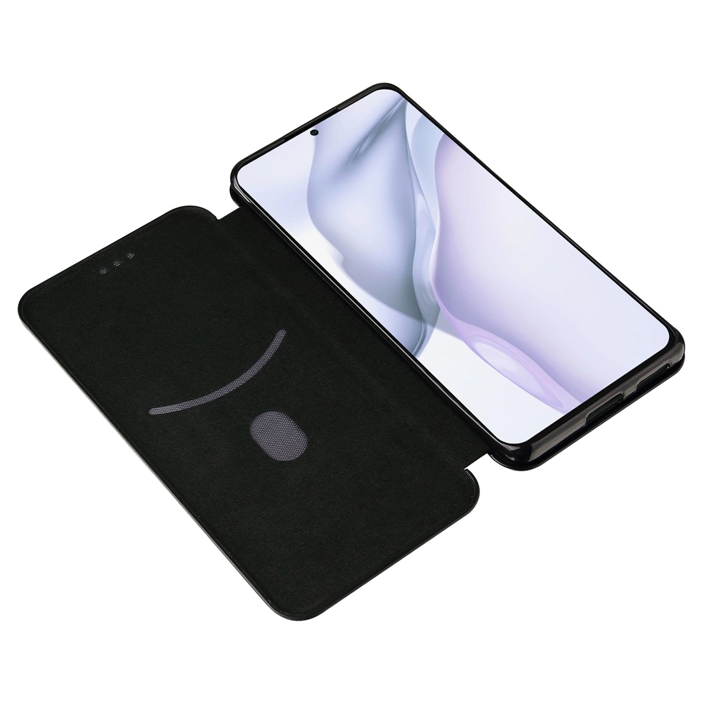 For Huawei P50 Pro Auto-absorbed Leather Cover Carbon Fiber Texture, with Detachable Ring Kickstand Strap