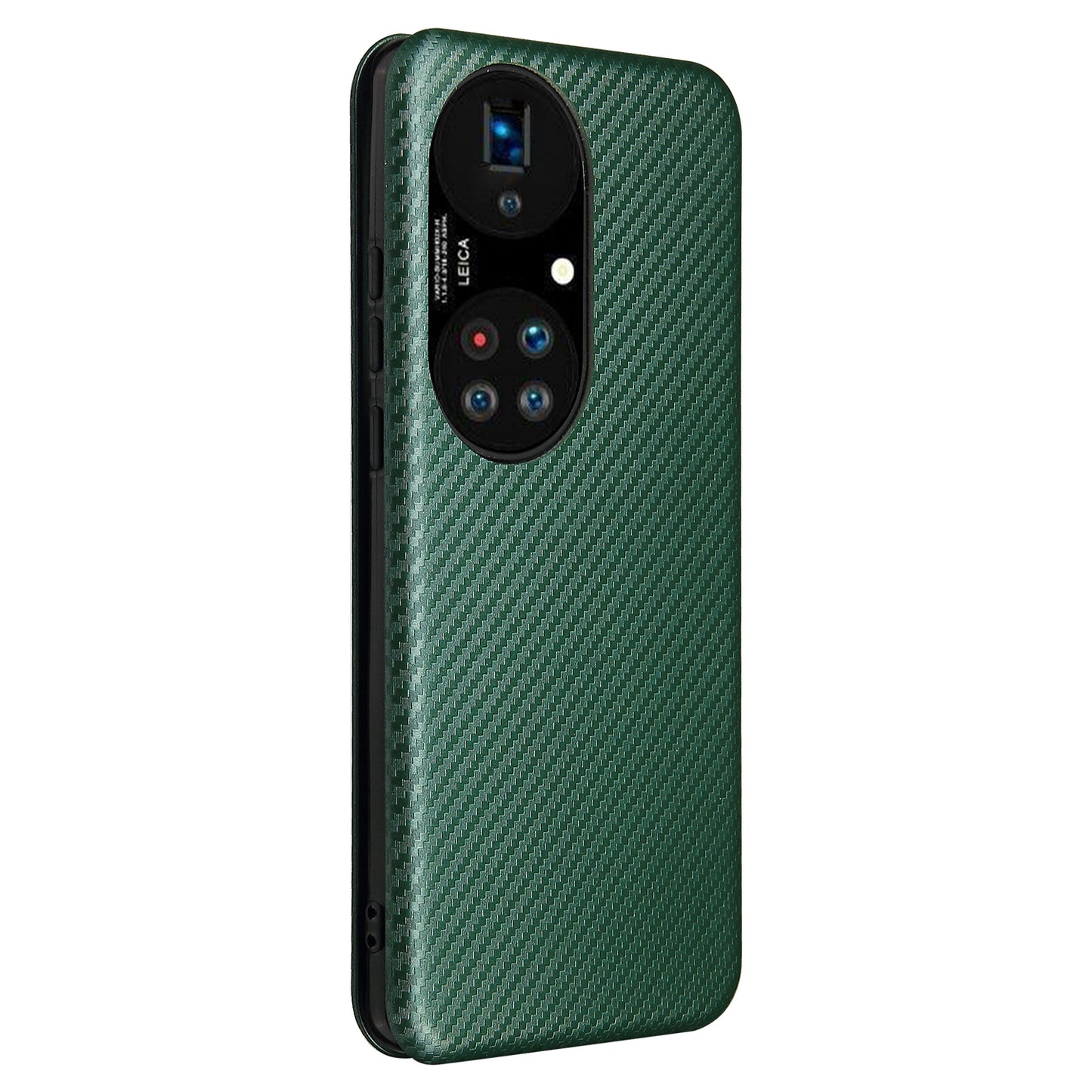 For Huawei P50 Pro Auto-absorbed Leather Cover Carbon Fiber Texture, with Detachable Ring Kickstand Strap