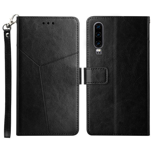 For Huawei P30 Premium PU Leather and TPU Phone Case Stylish Y-shaped Line Imprinting Wallet Shell Stand Cover