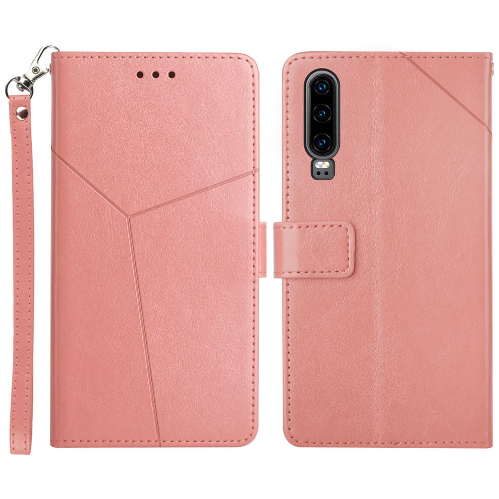For Huawei P30 Premium PU Leather and TPU Phone Case Stylish Y-shaped Line Imprinting Wallet Shell Stand Cover