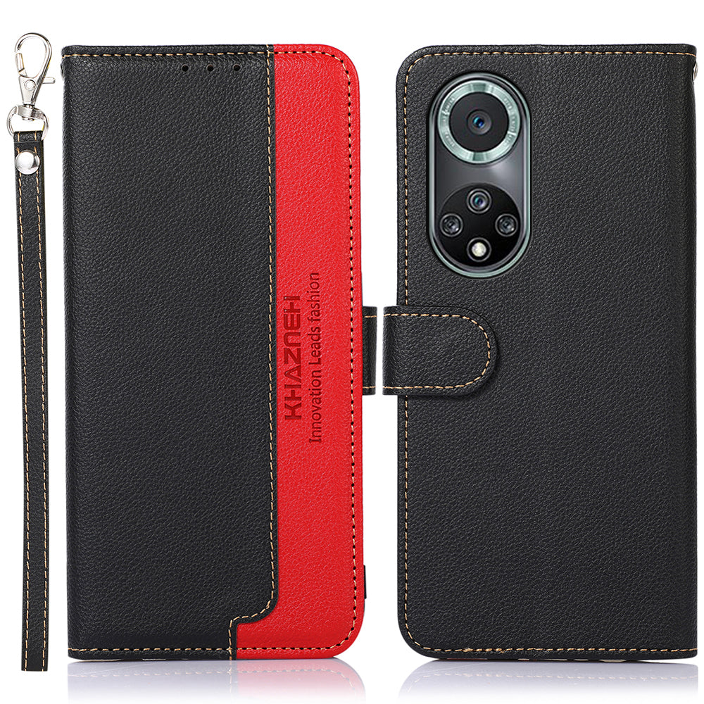 KHAZNEH Anti-theft Swiping Litchi Skin PU Leather RFID Blocking Wallet Stand Protective Phone Case with Strap for Honor 50 Pro