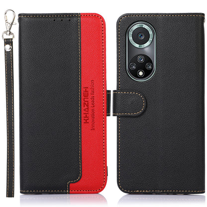 KHAZNEH Anti-theft Swiping Litchi Skin PU Leather RFID Blocking Wallet Stand Protective Phone Case with Strap for Honor 50 Pro
