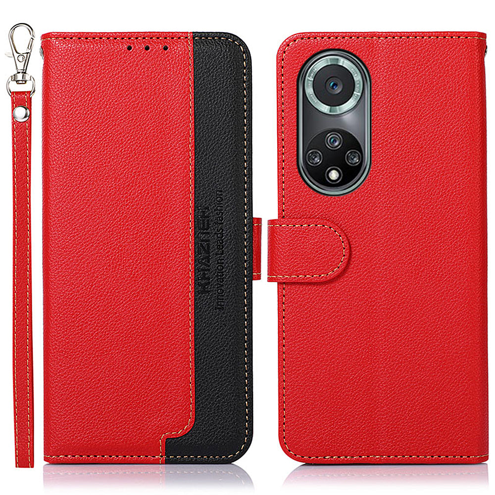 KHAZNEH Anti-theft Swiping Litchi Skin PU Leather RFID Blocking Wallet Stand Protective Phone Case with Strap for Honor 50 Pro