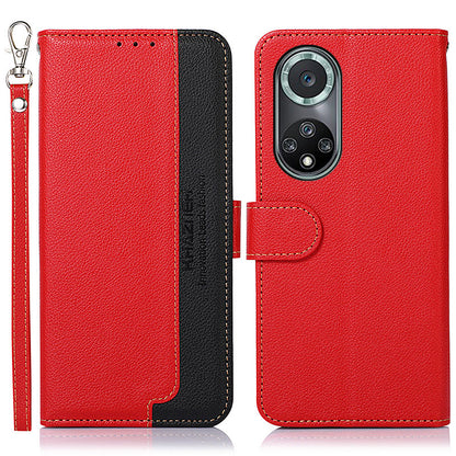 KHAZNEH Anti-theft Swiping Litchi Skin PU Leather RFID Blocking Wallet Stand Protective Phone Case with Strap for Honor 50 Pro