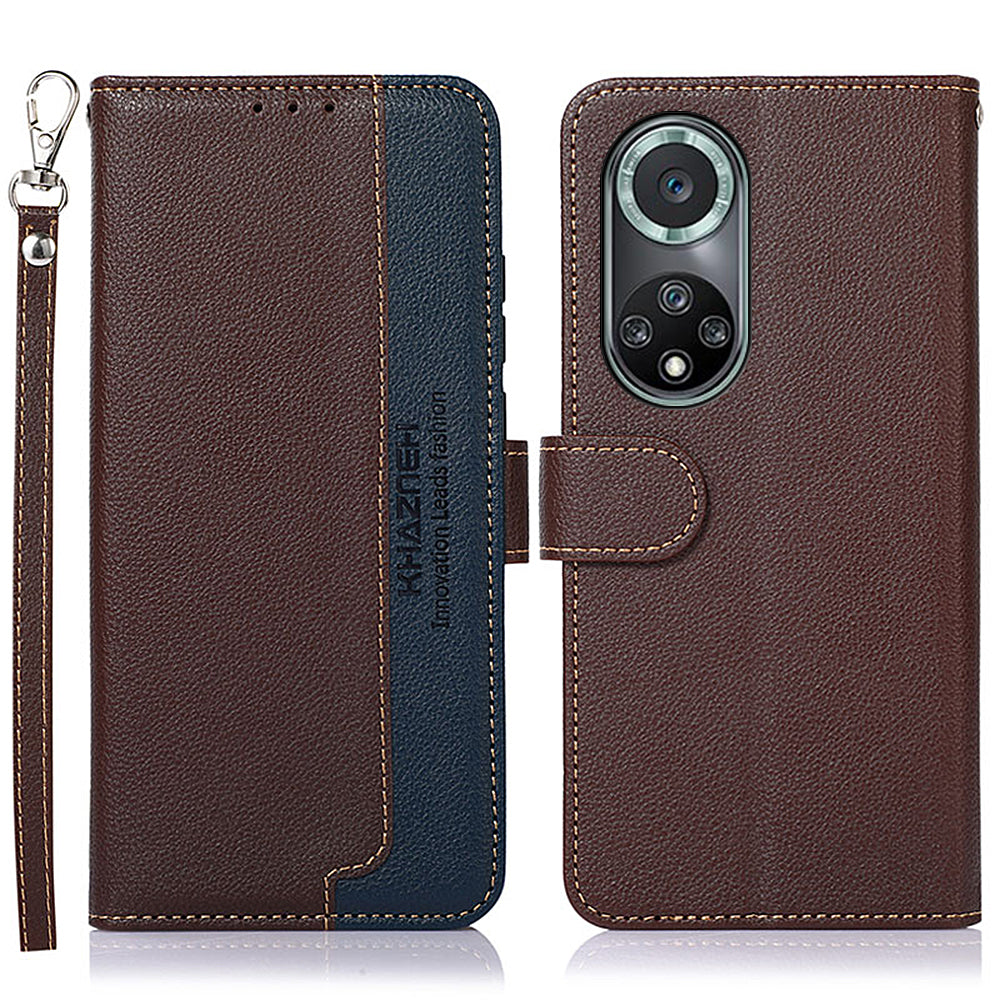 KHAZNEH Anti-theft Swiping Litchi Skin PU Leather RFID Blocking Wallet Stand Protective Phone Case with Strap for Honor 50 Pro