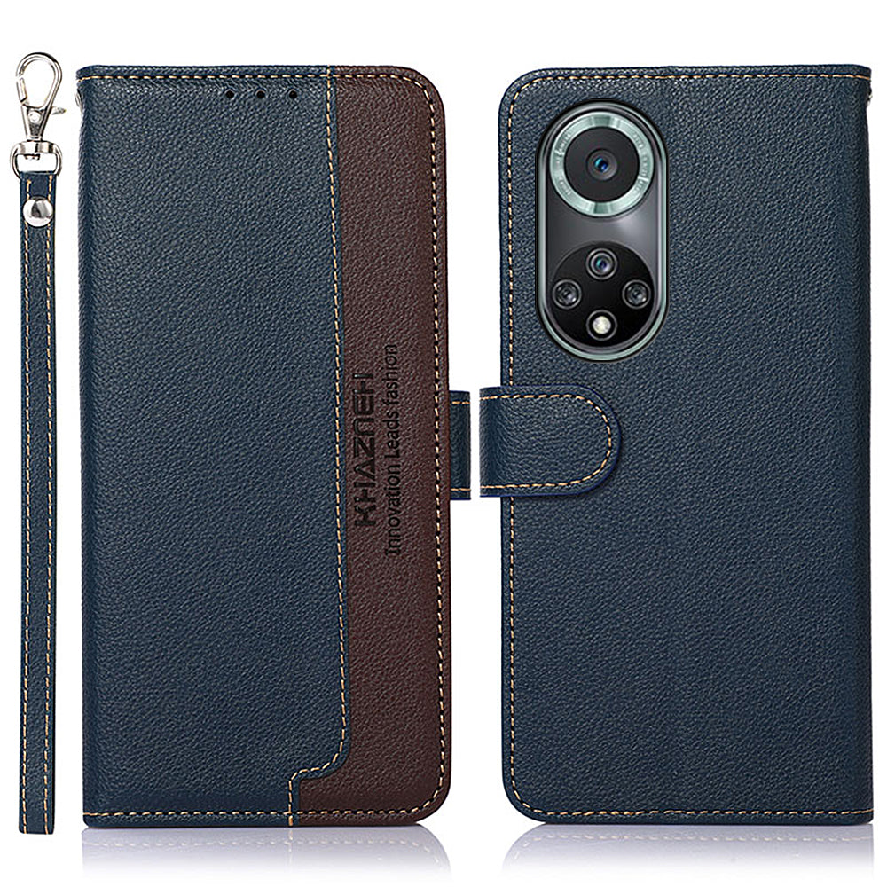 KHAZNEH Anti-theft Swiping Litchi Skin PU Leather RFID Blocking Wallet Stand Protective Phone Case with Strap for Honor 50 Pro