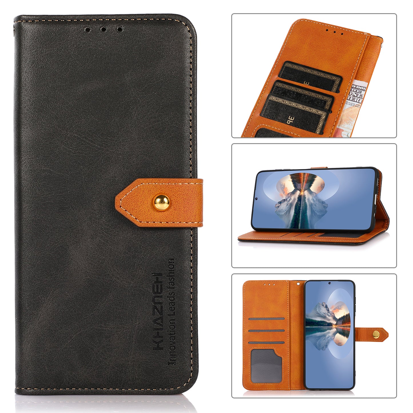 KHAZNEH Wallet Stand Magnetic Golden Clasp Shock Absorption Leather Cover Case for Honor 50