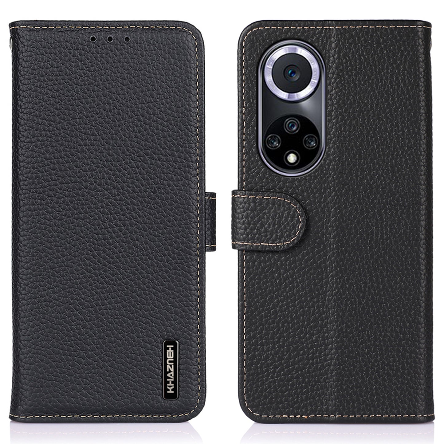 KHAZNEH Stand Litchi Texture Top Layer Flip Genuine Leather Wallet Magnetic Closure Protective Case for Honor 50