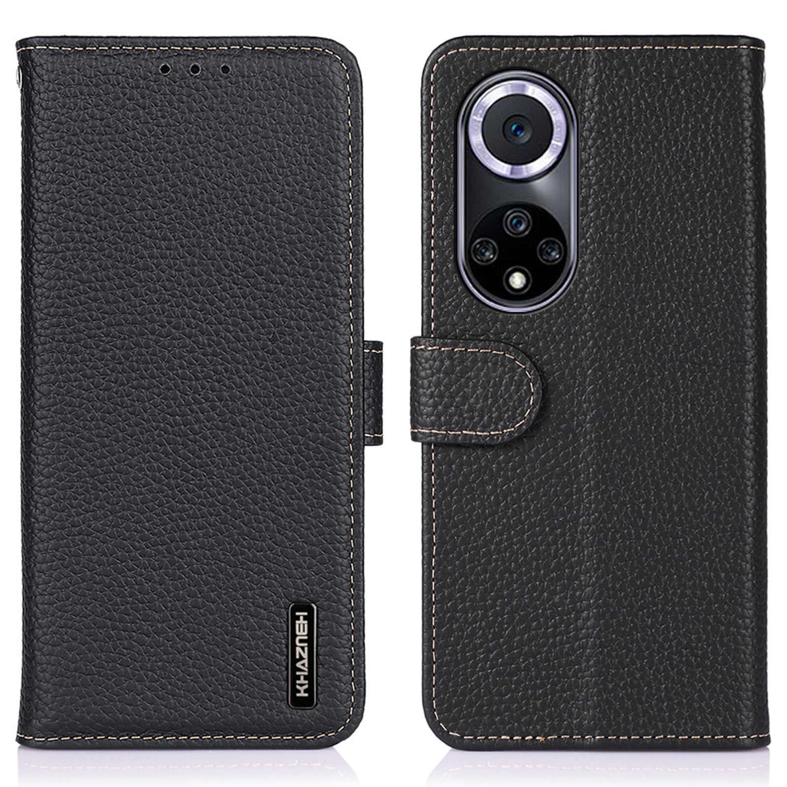 KHAZNEH Stand Litchi Texture Top Layer Flip Genuine Leather Wallet Magnetic Closure Protective Case for Honor 50