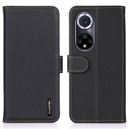 KHAZNEH Stand Litchi Texture Top Layer Flip Genuine Leather Wallet Magnetic Closure Protective Case for Honor 50