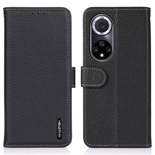 KHAZNEH Stand Litchi Texture Top Layer Flip Genuine Leather Wallet Magnetic Closure Protective Case for Honor 50
