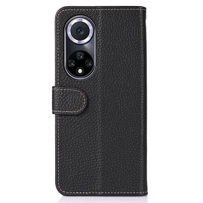 KHAZNEH Stand Litchi Texture Top Layer Flip Genuine Leather Wallet Magnetic Closure Protective Case for Honor 50