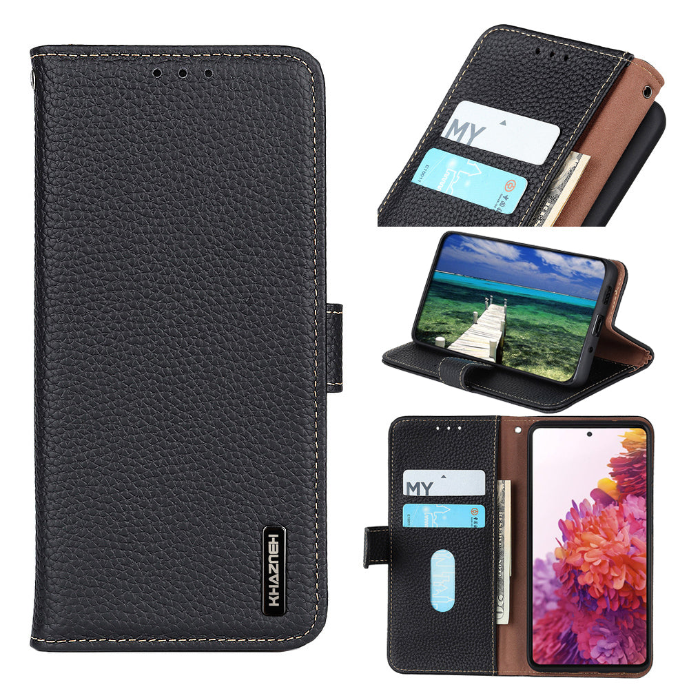 KHAZNEH Stand Litchi Texture Top Layer Flip Genuine Leather Wallet Magnetic Closure Protective Case for Honor 50