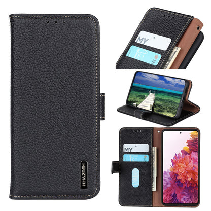 KHAZNEH Stand Litchi Texture Top Layer Flip Genuine Leather Wallet Magnetic Closure Protective Case for Honor 50