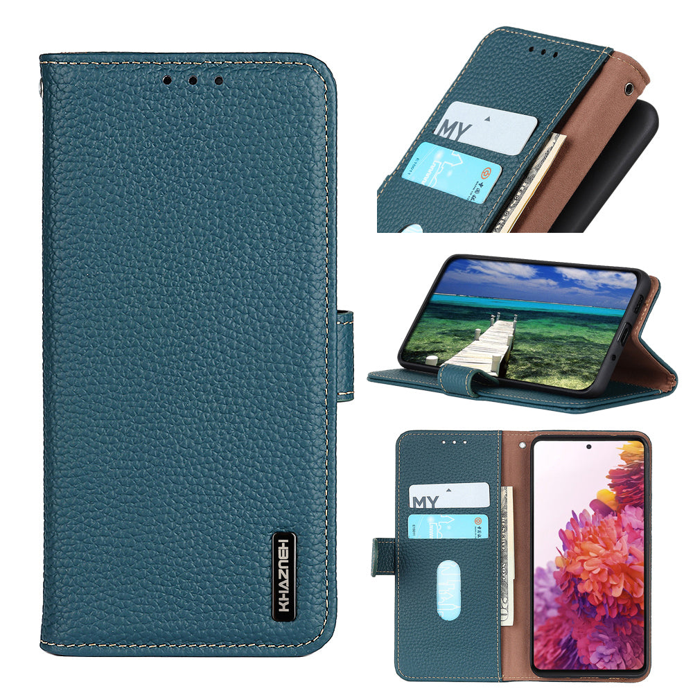 KHAZNEH Stand Litchi Texture Top Layer Flip Genuine Leather Wallet Magnetic Closure Protective Case for Honor 50