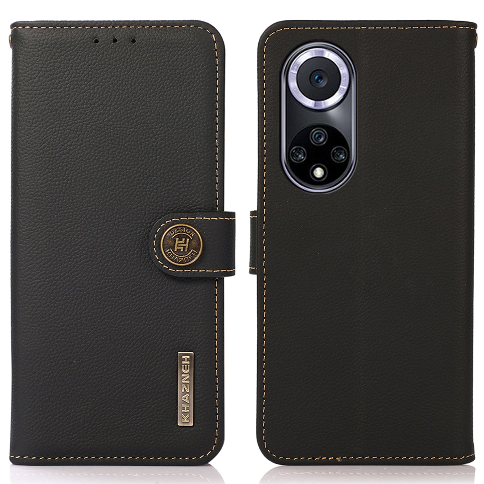 KHAZNEH Genuine Leather Stand RFID Blocking Anti-swiping Top Layer Wallet Magnetic Shockproof Cover for Honor 50