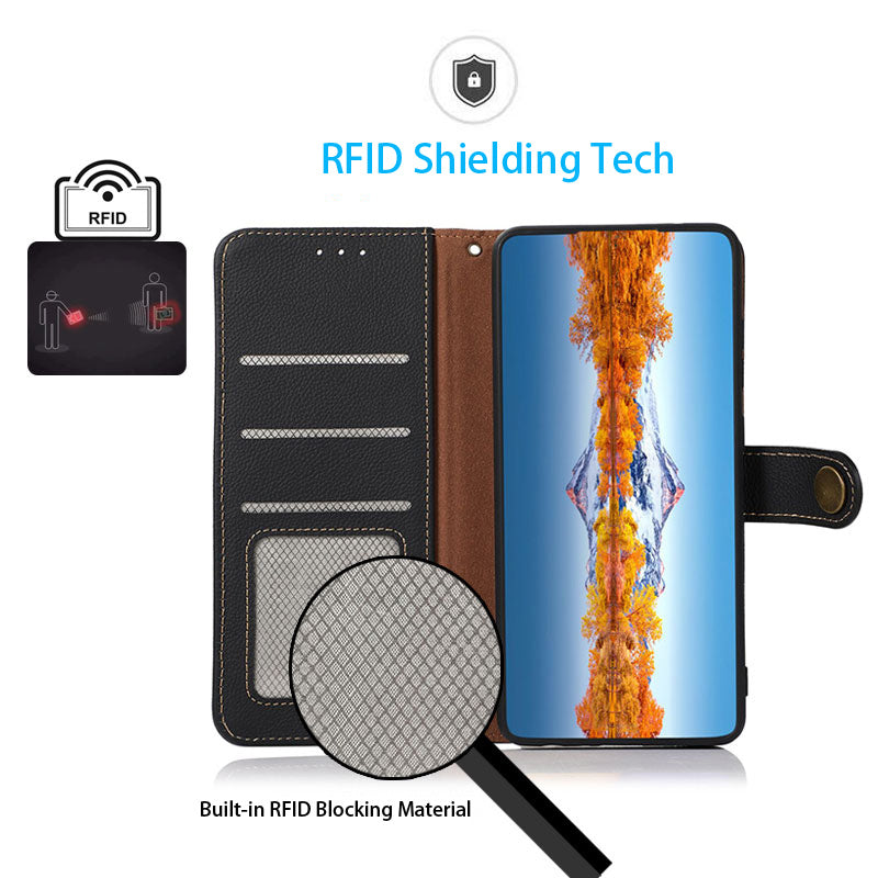 KHAZNEH Genuine Leather Stand RFID Blocking Anti-swiping Top Layer Wallet Magnetic Shockproof Cover for Honor 50