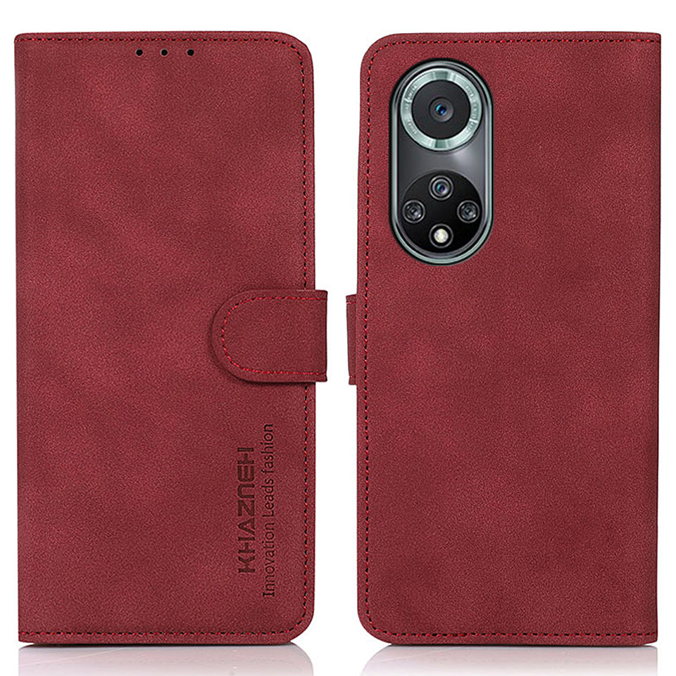 KHAZNEH Textured Leather Dual-sided Magnetic Clasp Phone Cover Stand Wallet Case for Honor 50 Pro
