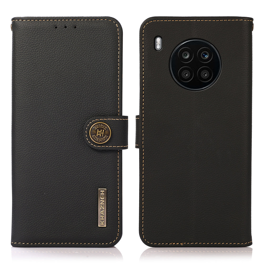 KHAZNEH Top Layer Genuine Leather RFID Blocking Well-Protected Anti-Fall Stand Wallet Folio Flip Case for Honor 50 Lite/Huawei nova 8i