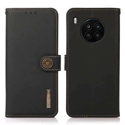 KHAZNEH Top Layer Genuine Leather RFID Blocking Well-Protected Anti-Fall Stand Wallet Folio Flip Case for Honor 50 Lite/Huawei nova 8i