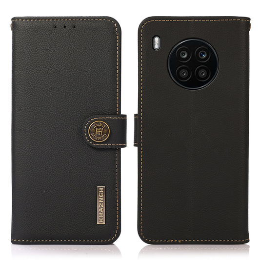 KHAZNEH Top Layer Genuine Leather RFID Blocking Well-Protected Anti-Fall Stand Wallet Folio Flip Case for Honor 50 Lite/Huawei nova 8i