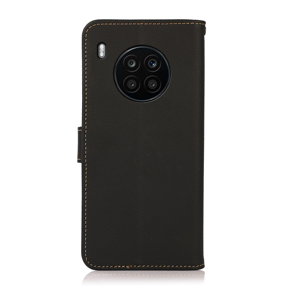 KHAZNEH Top Layer Genuine Leather RFID Blocking Well-Protected Anti-Fall Stand Wallet Folio Flip Case for Honor 50 Lite/Huawei nova 8i