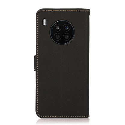KHAZNEH Top Layer Genuine Leather RFID Blocking Well-Protected Anti-Fall Stand Wallet Folio Flip Case for Honor 50 Lite/Huawei nova 8i