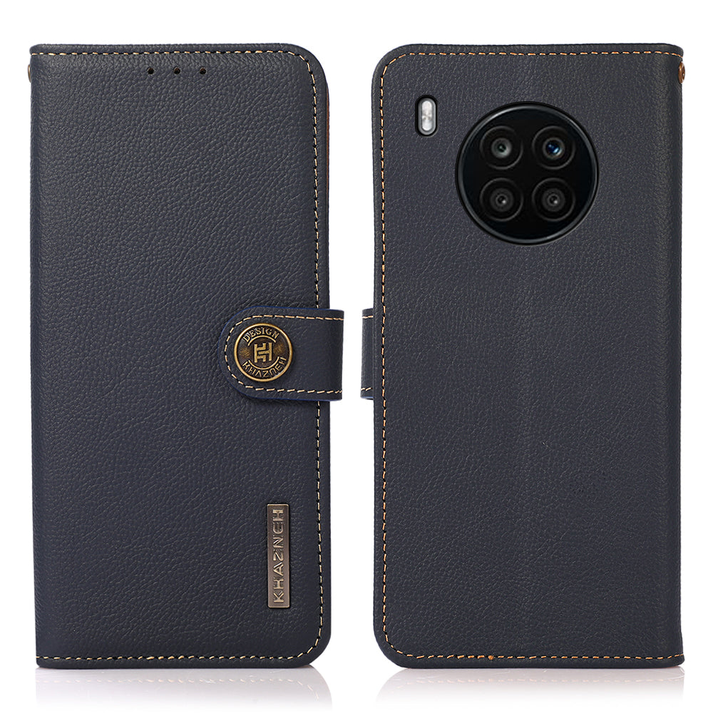KHAZNEH Top Layer Genuine Leather RFID Blocking Well-Protected Anti-Fall Stand Wallet Folio Flip Case for Honor 50 Lite/Huawei nova 8i