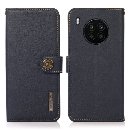 KHAZNEH Top Layer Genuine Leather RFID Blocking Well-Protected Anti-Fall Stand Wallet Folio Flip Case for Honor 50 Lite/Huawei nova 8i