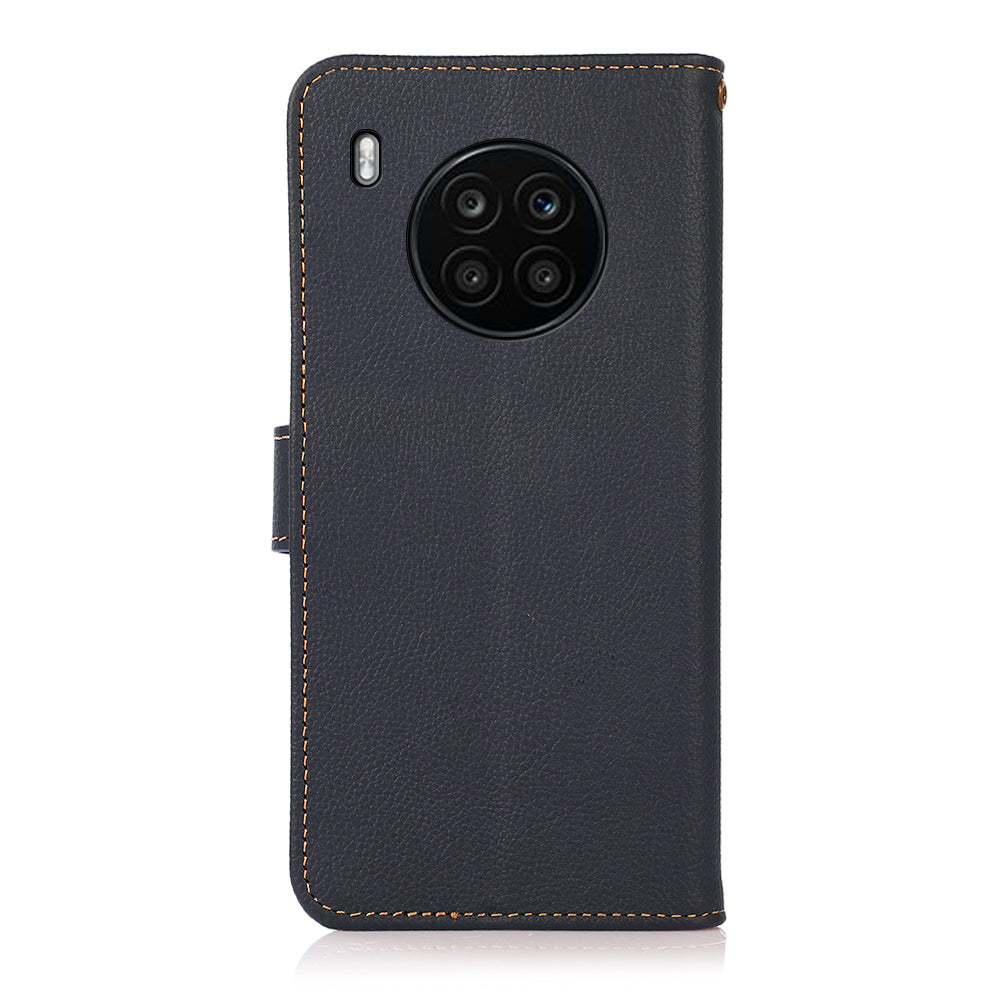 KHAZNEH Top Layer Genuine Leather RFID Blocking Well-Protected Anti-Fall Stand Wallet Folio Flip Case for Honor 50 Lite/Huawei nova 8i