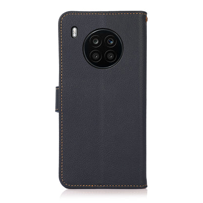 KHAZNEH Top Layer Genuine Leather RFID Blocking Well-Protected Anti-Fall Stand Wallet Folio Flip Case for Honor 50 Lite/Huawei nova 8i