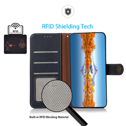 KHAZNEH Top Layer Genuine Leather RFID Blocking Well-Protected Anti-Fall Stand Wallet Folio Flip Case for Honor 50 Lite/Huawei nova 8i