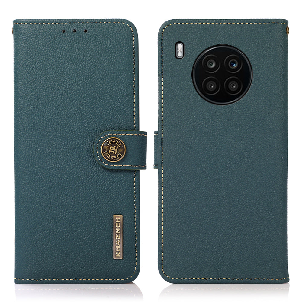 KHAZNEH Top Layer Genuine Leather RFID Blocking Well-Protected Anti-Fall Stand Wallet Folio Flip Case for Honor 50 Lite/Huawei nova 8i