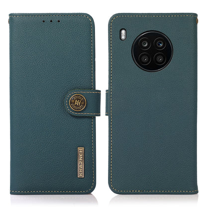 KHAZNEH Top Layer Genuine Leather RFID Blocking Well-Protected Anti-Fall Stand Wallet Folio Flip Case for Honor 50 Lite/Huawei nova 8i