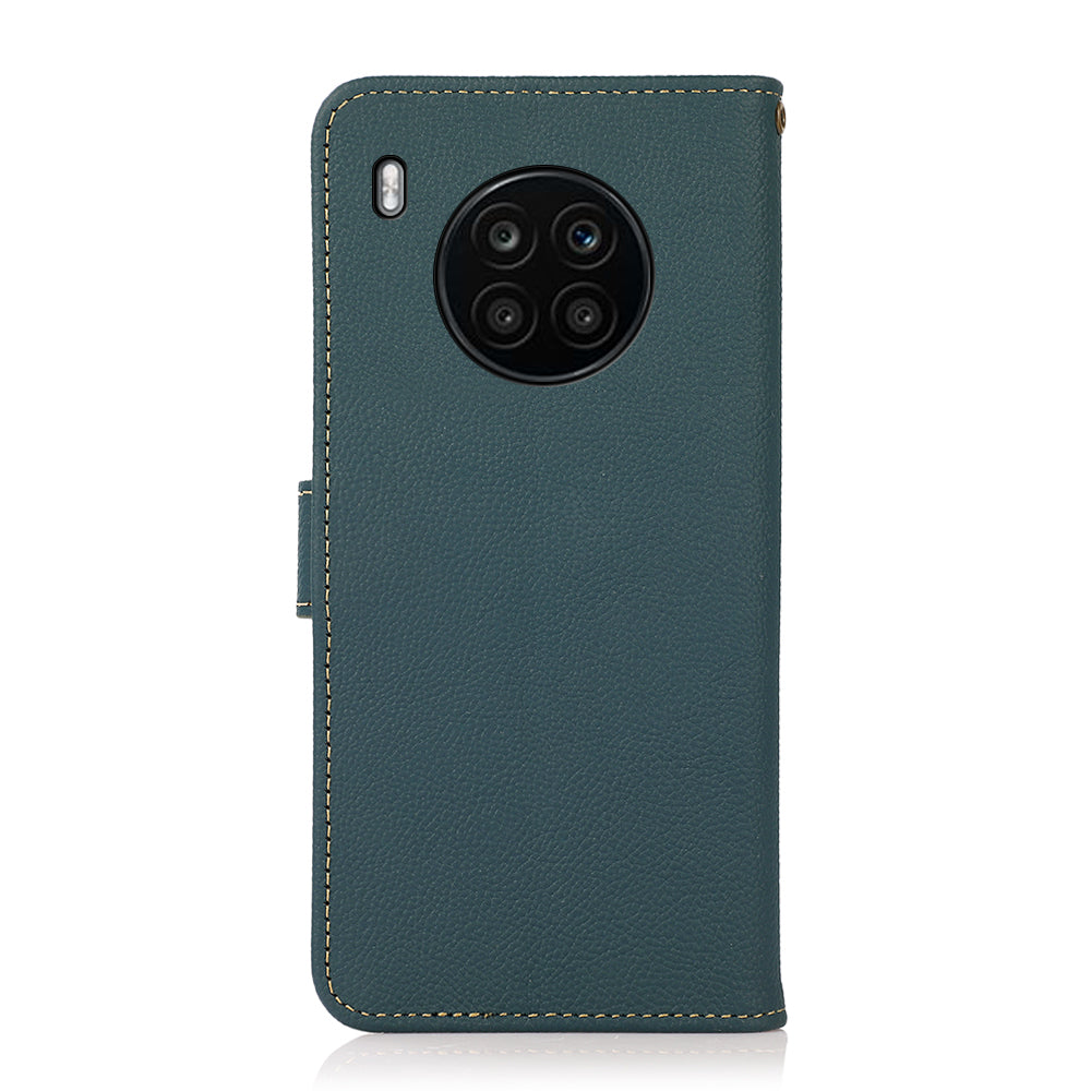 KHAZNEH Top Layer Genuine Leather RFID Blocking Well-Protected Anti-Fall Stand Wallet Folio Flip Case for Honor 50 Lite/Huawei nova 8i