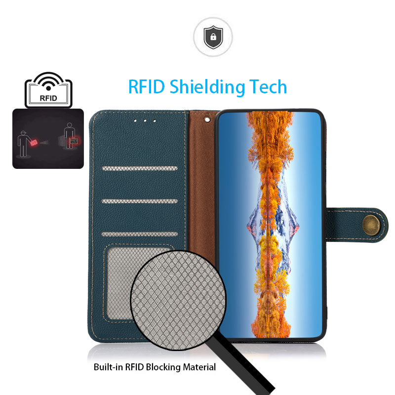 KHAZNEH Top Layer Genuine Leather RFID Blocking Well-Protected Anti-Fall Stand Wallet Folio Flip Case for Honor 50 Lite/Huawei nova 8i