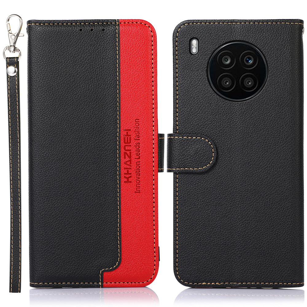 KHAZNEH RFID Blocking Anti-theft Swiping Stand Litchi Texture PU Leather Flip Folio Wallet Phone Case with Strap for Honor 50 Lite / Huawei nova 8i