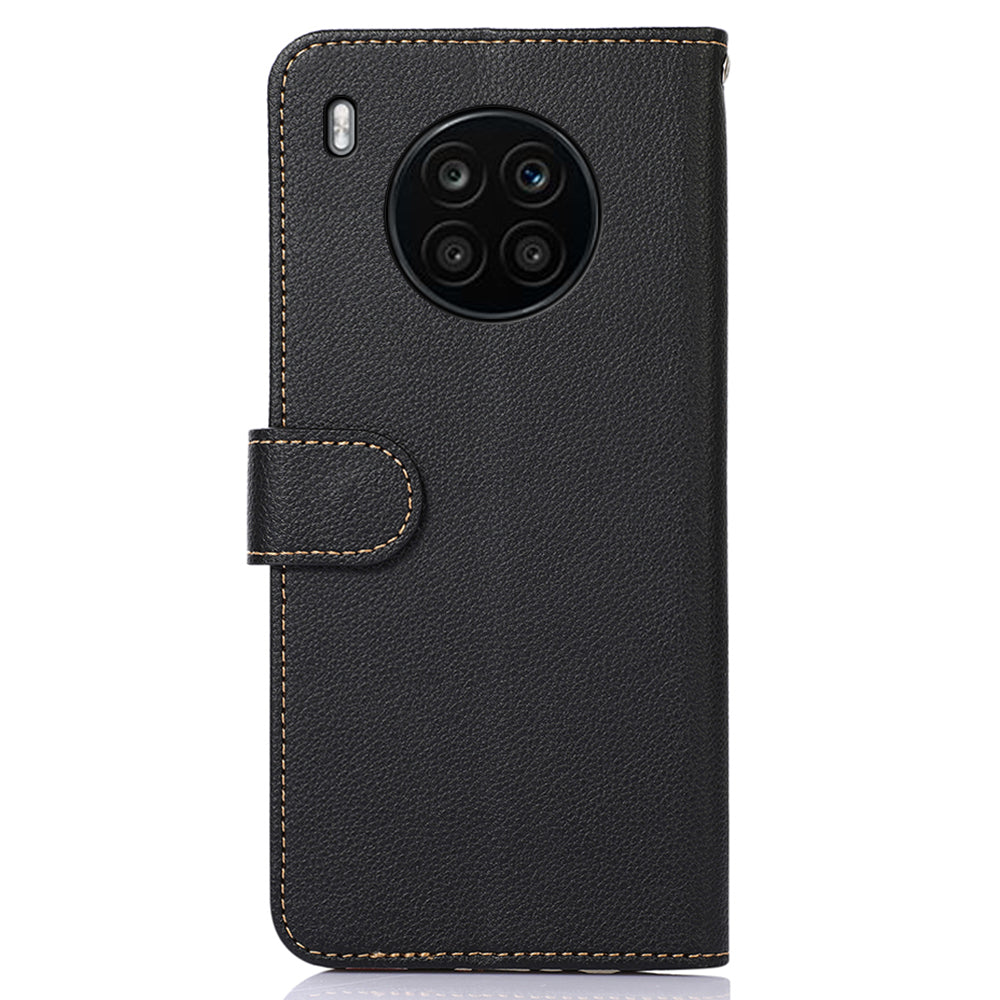 KHAZNEH RFID Blocking Anti-theft Swiping Stand Litchi Texture PU Leather Flip Folio Wallet Phone Case with Strap for Honor 50 Lite / Huawei nova 8i