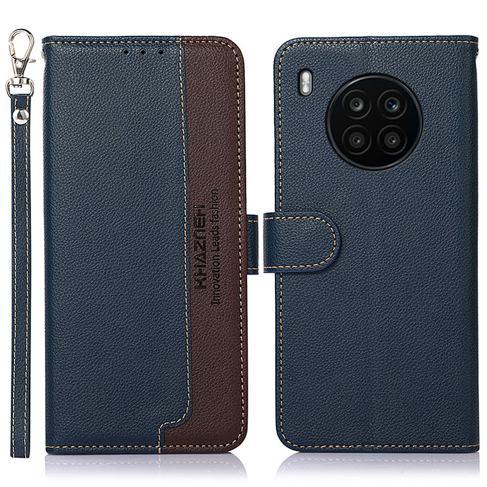 KHAZNEH RFID Blocking Anti-theft Swiping Stand Litchi Texture PU Leather Flip Folio Wallet Phone Case with Strap for Honor 50 Lite / Huawei nova 8i
