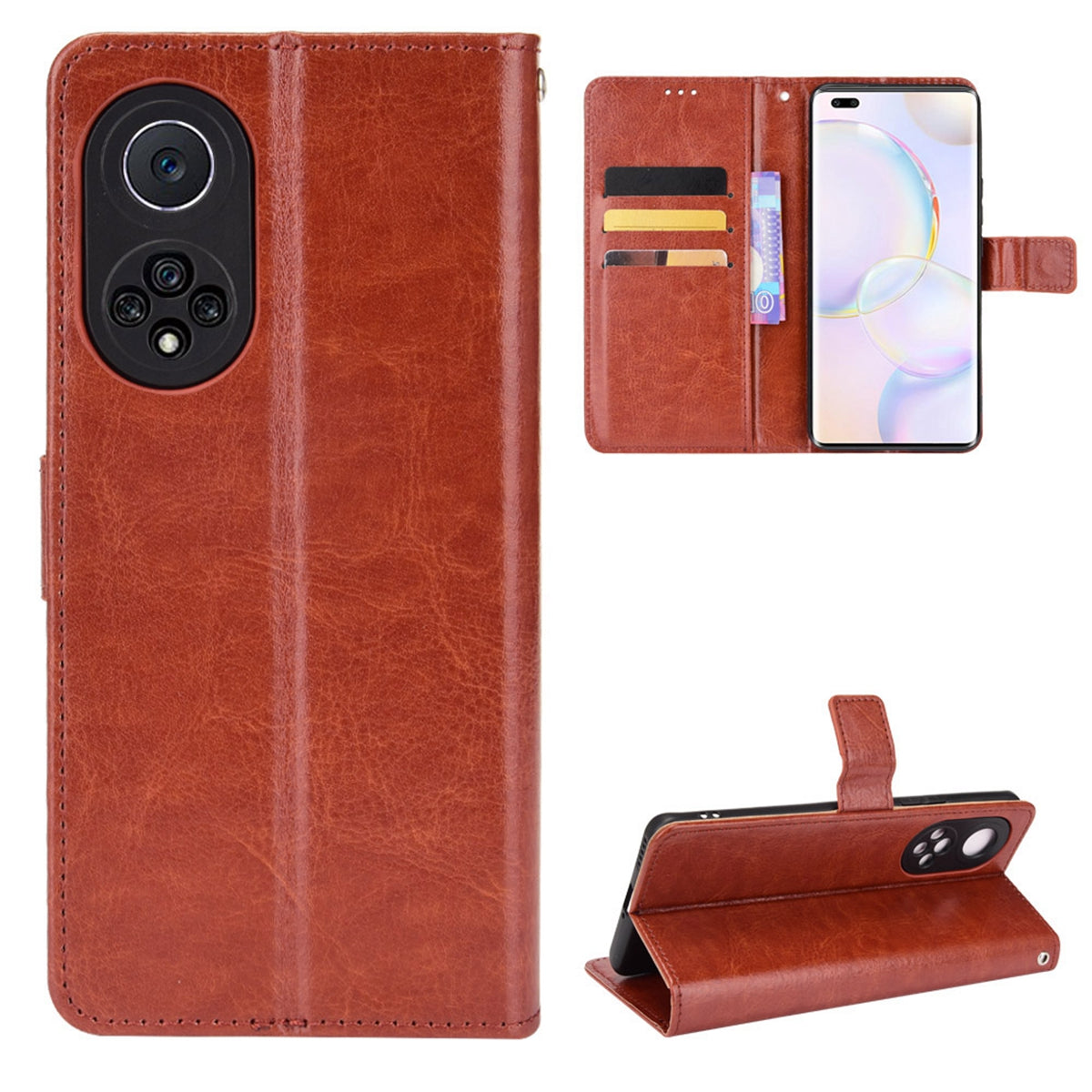 Fashionable Crazy Horse Texture PU Leather Wallet Magnetic Anti-Scratch Case with Wrist Strap for Huawei nova 9 Pro / Honor 50 Pro