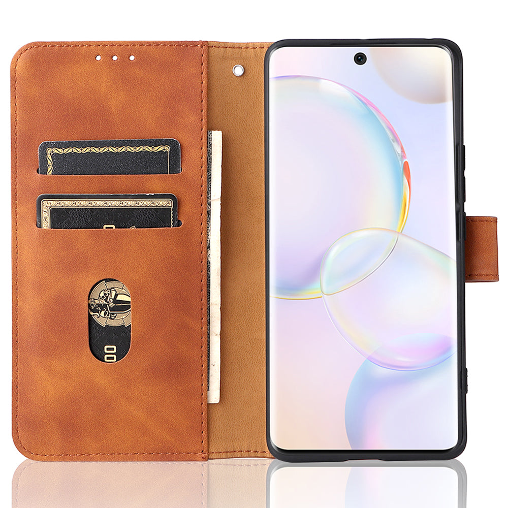 Folio Flip Skin-touch Feeling Stand Wallet Phone Cover Leather Case with Hand Strap for Honor 50