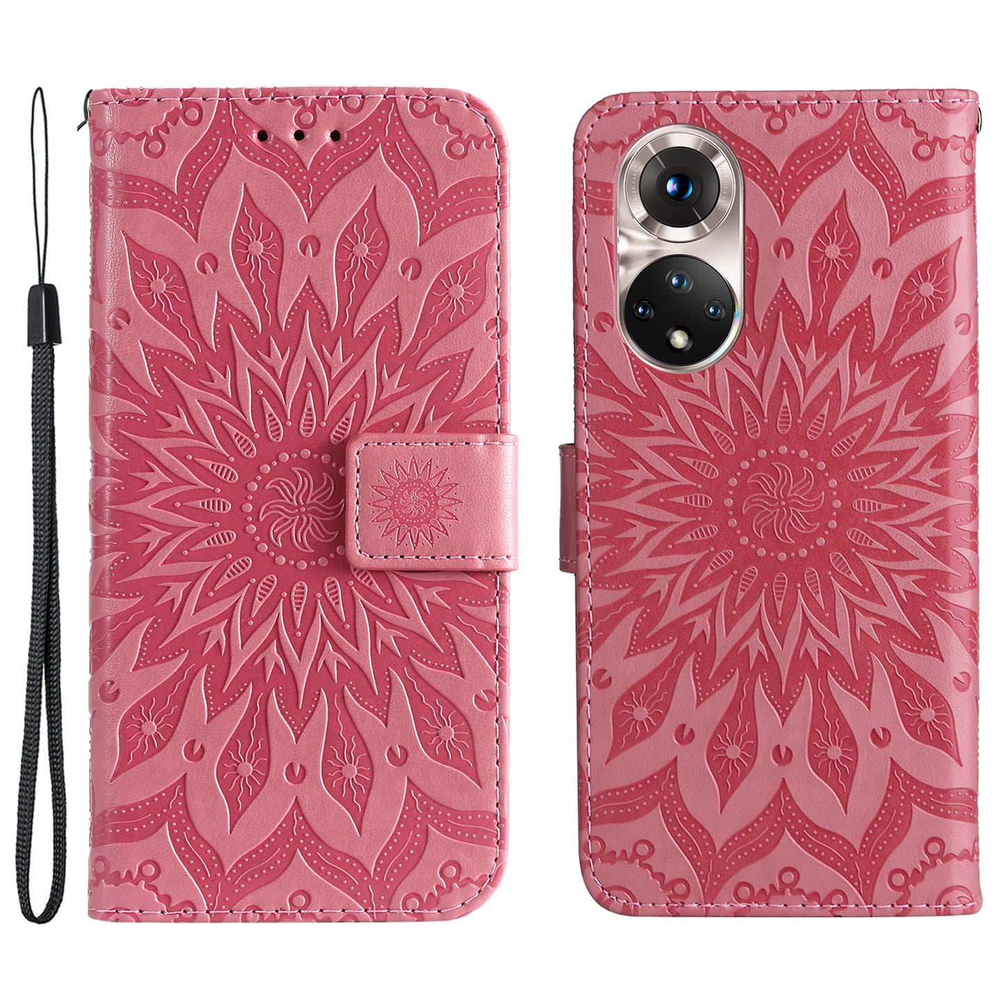KT Imprinting Flower Series-1 Imprinting Mandala Sun Pattern Anti-scratch Protective Leather Case with Wallet Stand for Huawei nova 9/Honor 50 5G