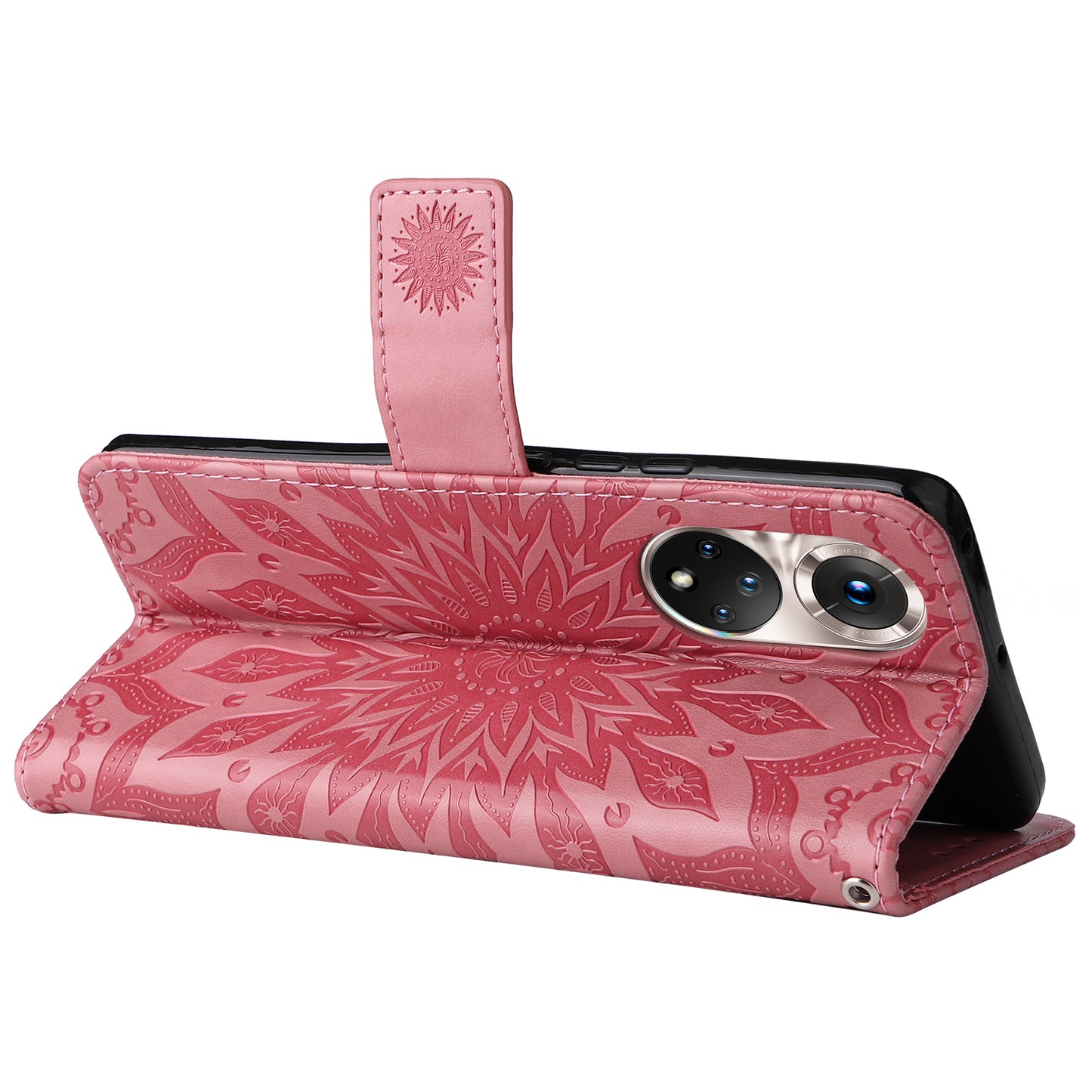KT Imprinting Flower Series-1 Imprinting Mandala Sun Pattern Anti-scratch Protective Leather Case with Wallet Stand for Huawei nova 9/Honor 50 5G
