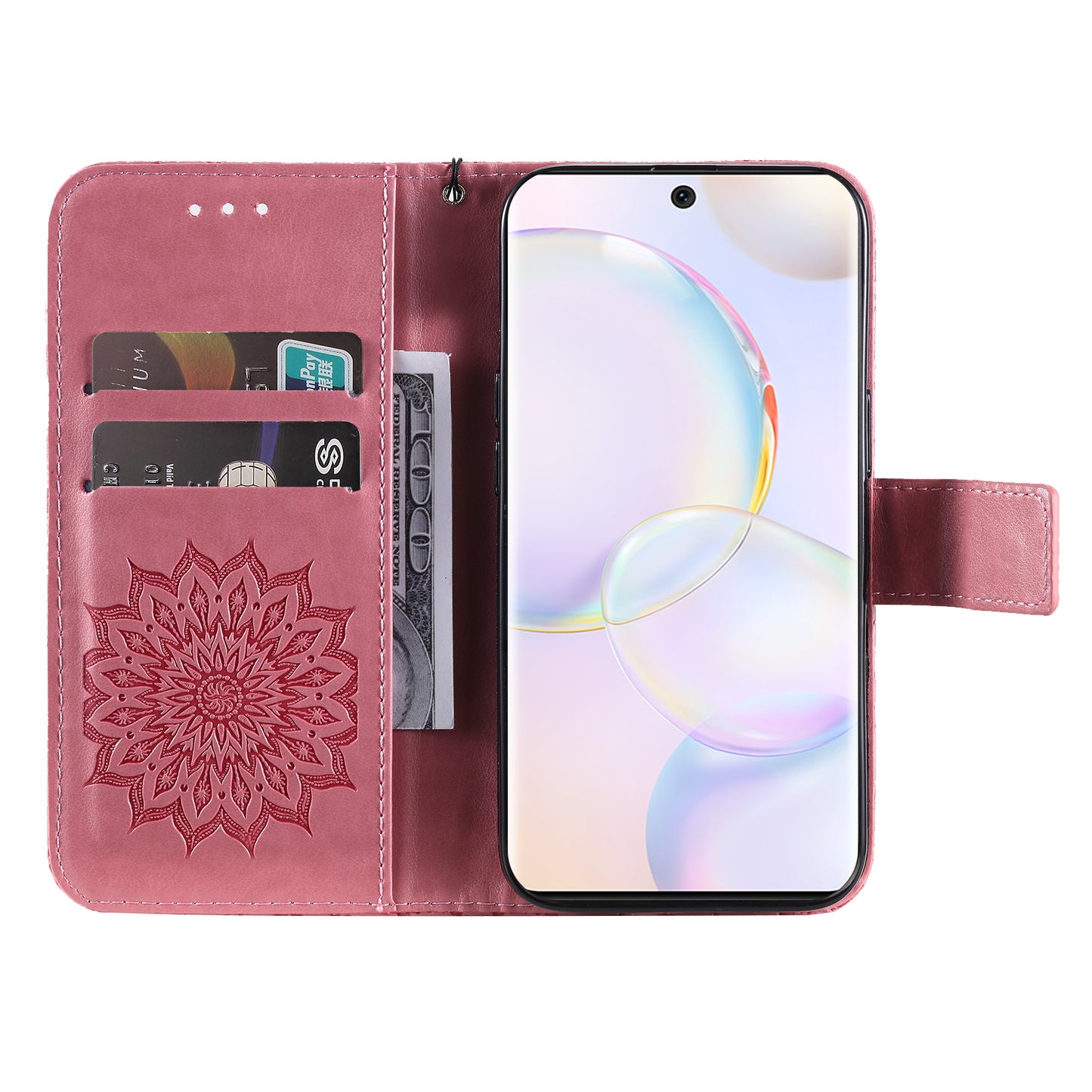 KT Imprinting Flower Series-1 Imprinting Mandala Sun Pattern Anti-scratch Protective Leather Case with Wallet Stand for Huawei nova 9/Honor 50 5G
