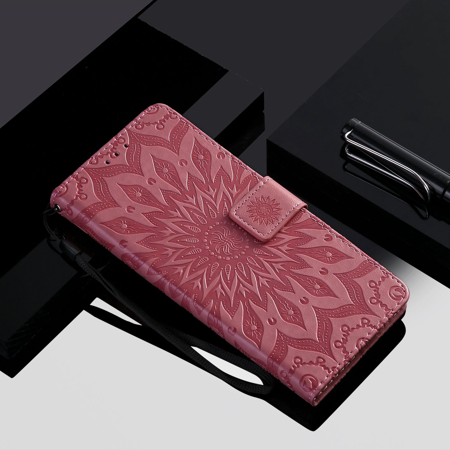 KT Imprinting Flower Series-1 Imprinting Mandala Sun Pattern Anti-scratch Protective Leather Case with Wallet Stand for Huawei nova 9/Honor 50 5G