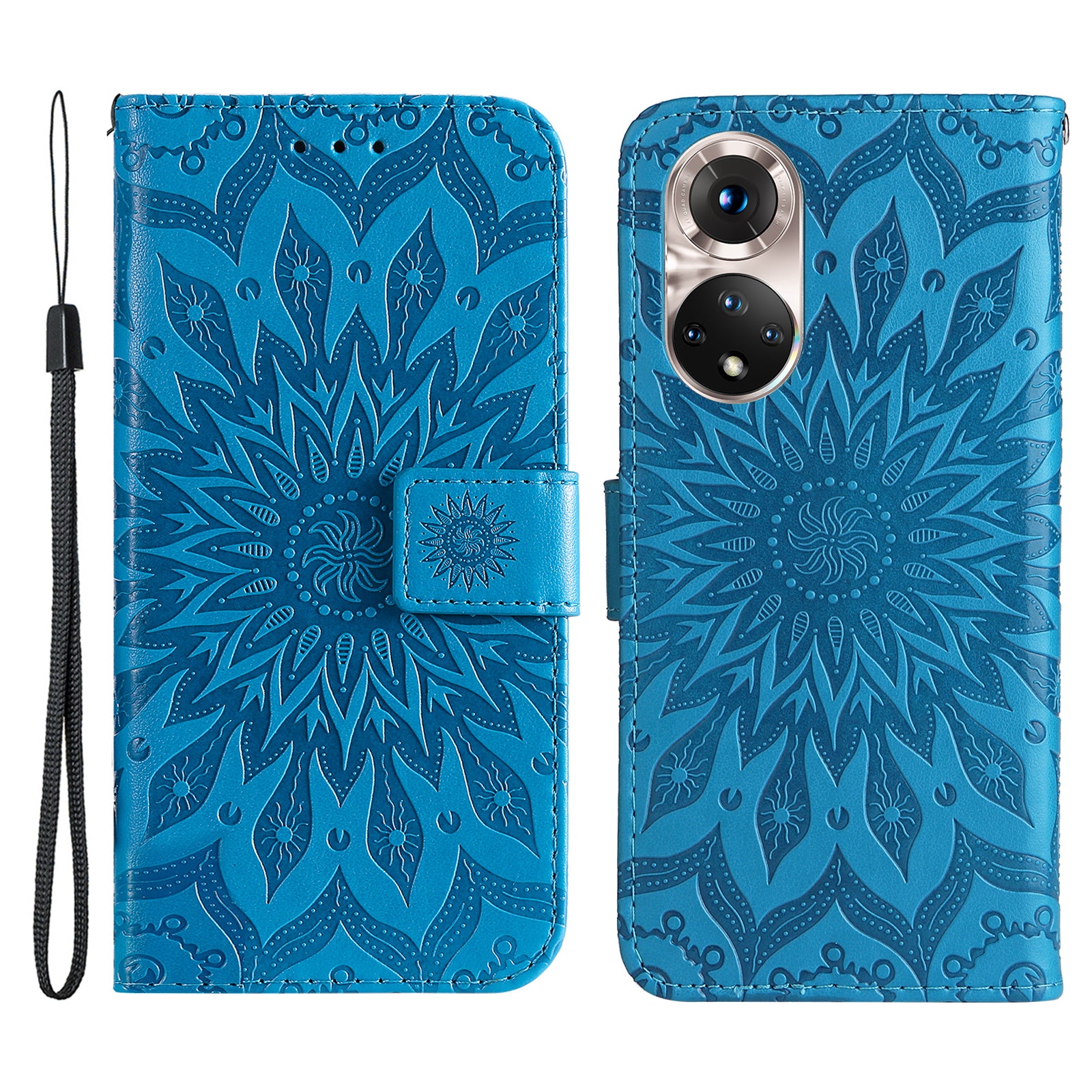 KT Imprinting Flower Series-1 Imprinting Mandala Sun Pattern Anti-scratch Protective Leather Case with Wallet Stand for Huawei nova 9/Honor 50 5G