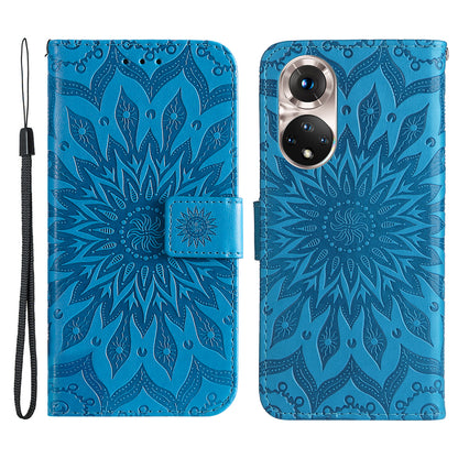 KT Imprinting Flower Series-1 Imprinting Mandala Sun Pattern Anti-scratch Protective Leather Case with Wallet Stand for Huawei nova 9/Honor 50 5G