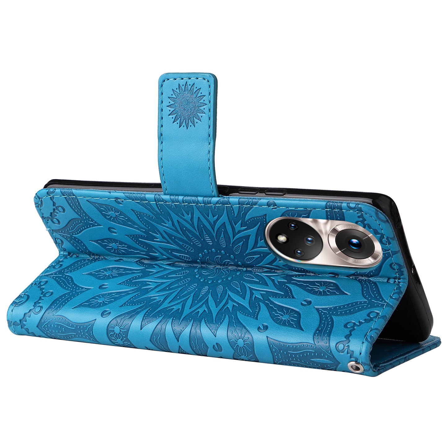 KT Imprinting Flower Series-1 Imprinting Mandala Sun Pattern Anti-scratch Protective Leather Case with Wallet Stand for Huawei nova 9/Honor 50 5G